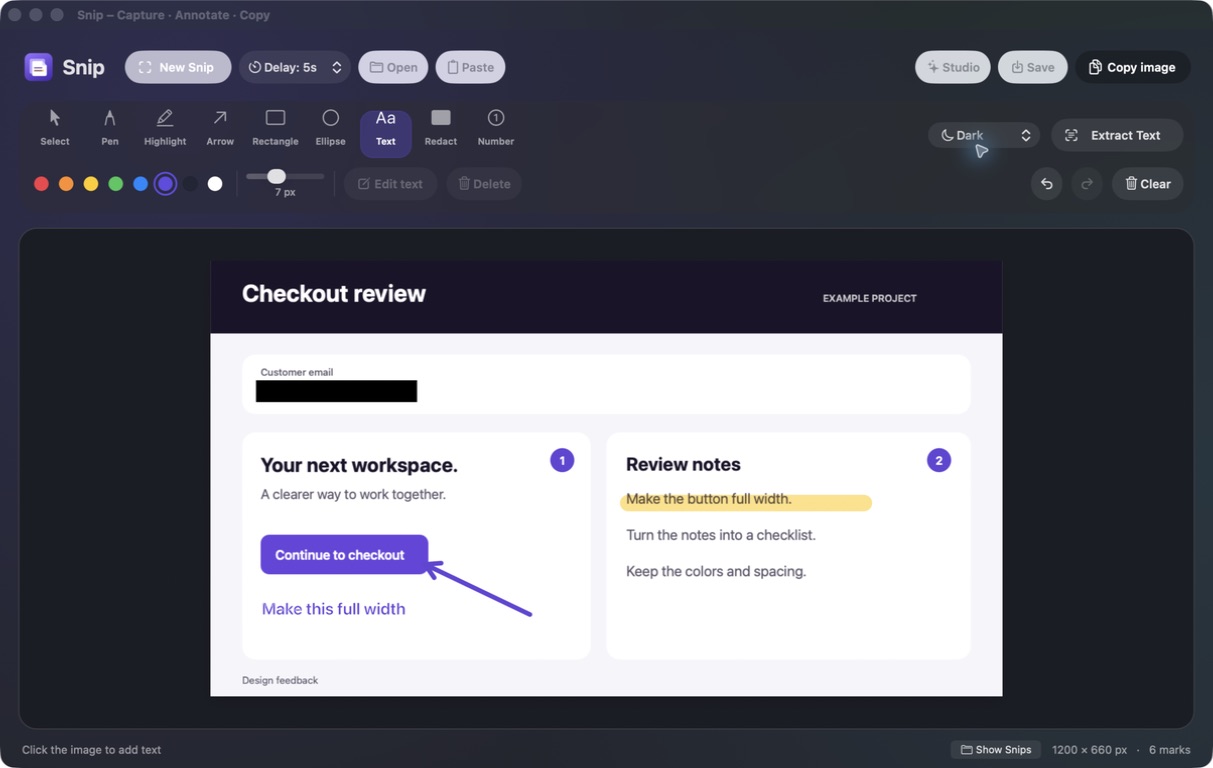 Snip editor in dark mode showing an annotated checkout example with Delay set to 5 seconds